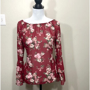 Arabella Sheer Mesh Dark Floral Top L Maroon Whimsygoth Fairy Grunge Gypsy